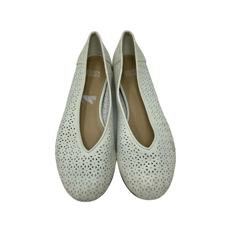 Eileen Fisher White Lasercut Leather Ballet Flats‎ Size US 8.5